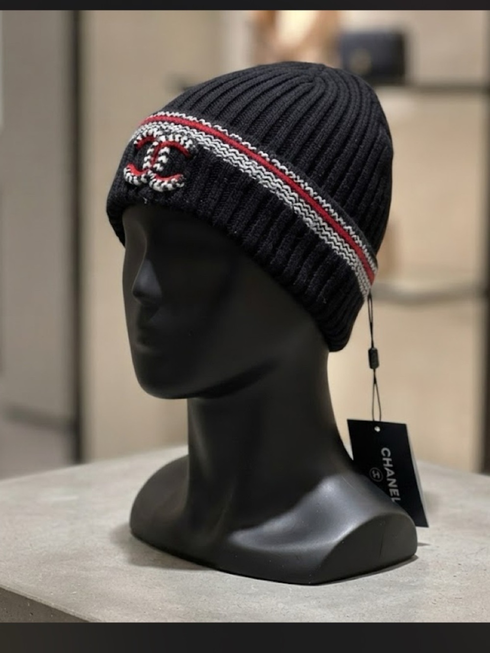Brand New ! Black Ribbed Wool Beanie with Red & White Trim